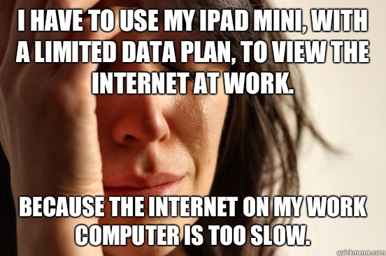 I have to use my IPad Mini, with a limited data plan, to view the internet at work. Because the internet on my work computer is too slow.  First World Problems