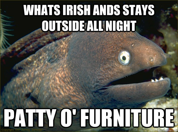 Whats irish ands stays outside all night Patty O' Furniture  Bad Joke Eel