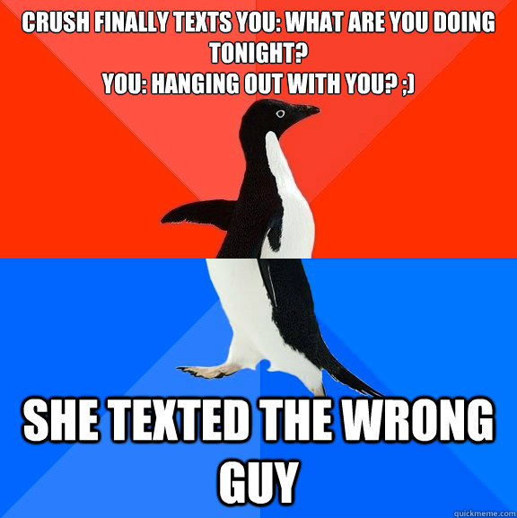 Crush finally texts you: What are you doing tonight? 
You: Hanging out with you? ;) She texted the wrong guy - Crush finally texts you: What are you doing tonight? 
You: Hanging out with you? ;) She texted the wrong guy  Socially Awesome Awkward Penguin