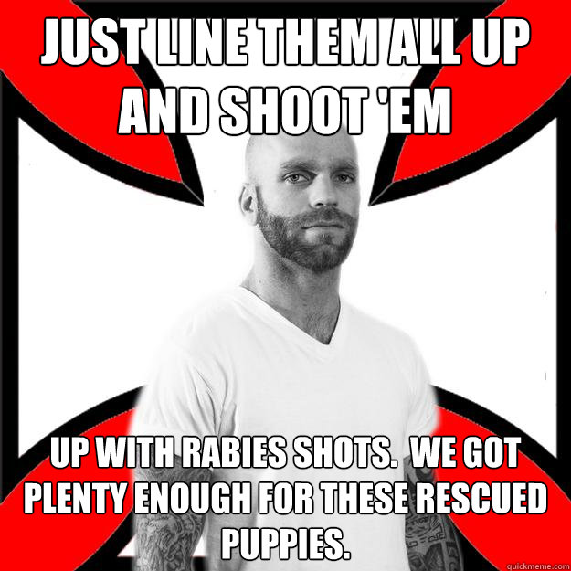 Just line them all up and shoot 'em up with rabies shots.  We got plenty enough for these rescued puppies.  Skinhead with a Heart of Gold