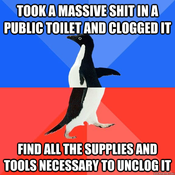 Took a massive shit in a public toilet and clogged it Find all the supplies and tools necessary to unclog it  Socially Awkward Awesome Penguin