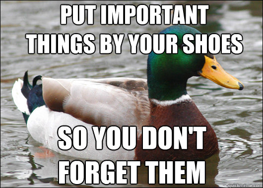 Put important things by your shoes So you don't forget them  Actual Advice Mallard