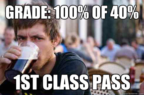 grade: 100% of 40% 1st class pass  Lazy College Senior