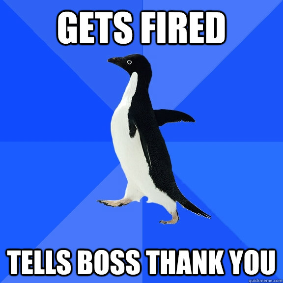 Gets Fired Tells boss thank you  Socially Awkward Penguin