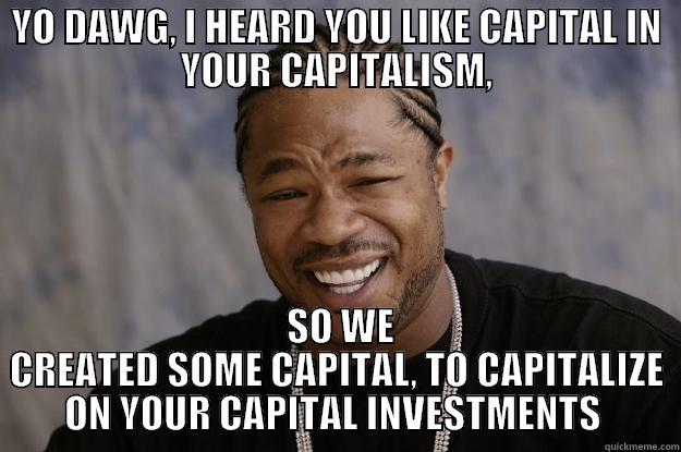 Yo Capitalism - YO DAWG, I HEARD YOU LIKE CAPITAL IN YOUR CAPITALISM,  SO WE CREATED SOME CAPITAL, TO CAPITALIZE ON YOUR CAPITAL INVESTMENTS  Xzibit meme