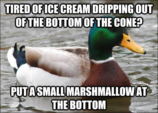Tired of Ice Cream dripping out of the bottom of the cone? Put a small marshmallow at the bottom  Actual Advice Mallard