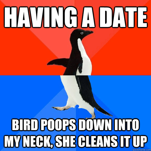 having a date bird poops down into my neck, she cleans it up  Socially Awesome Awkward Penguin