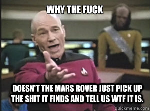 why the fuck doesn't the Mars rover just pick up the shit it finds and tell us wtf it is.   Annoyed Picard