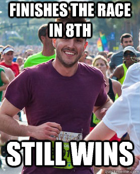 Finishes the race in 8th Still wins   Ridiculously photogenic guy