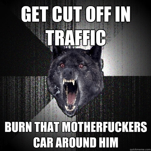 Get cut off in traffic burn that motherfuckers car around him  Insanity Wolf