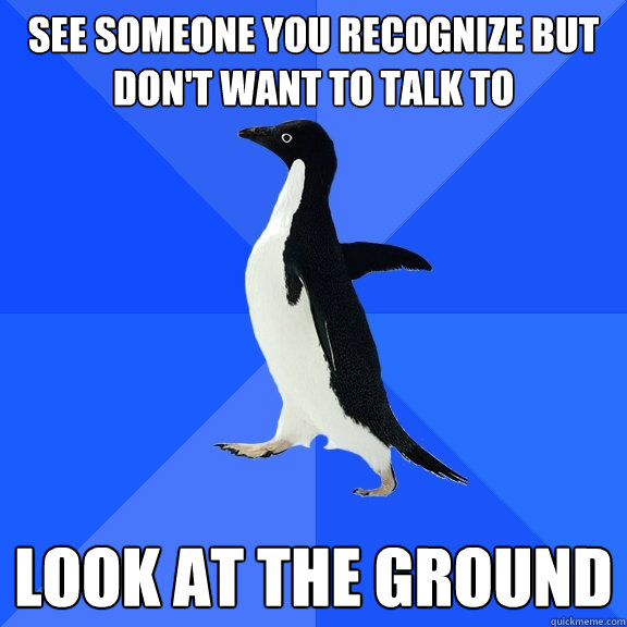 See someone you recognize but don't want to talk to Look at the ground  Socially Awkward Penguin