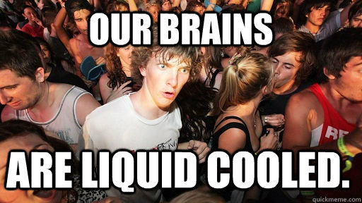 Our Brains are liquid cooled.  Sudden Clarity Clarence