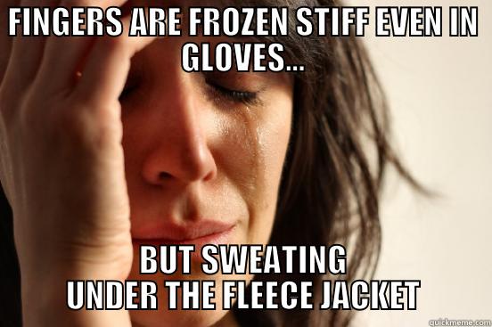 FINGERS ARE FROZEN STIFF EVEN IN GLOVES... BUT SWEATING UNDER THE FLEECE JACKET First World Problems