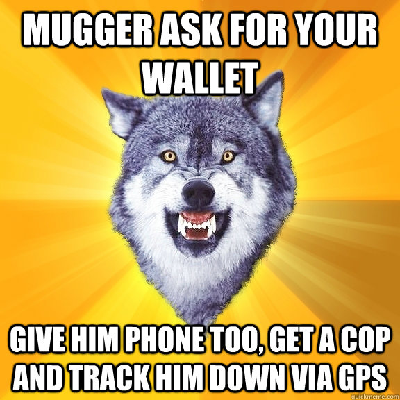 mugger ask for your wallet give him phone too, get a cop and track him down via gps  Courage Wolf