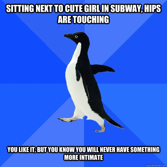 Sitting next to cute girl in subway, hips are touching   you like it, but you know you will never have something more intimate  Socially Awkward Penguin
