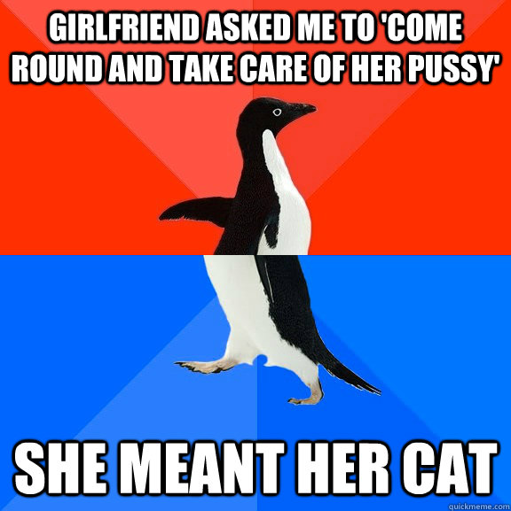 Girlfriend asked me to 'come round and take care of her pussy' She meant her cat  Socially Awesome Awkward Penguin