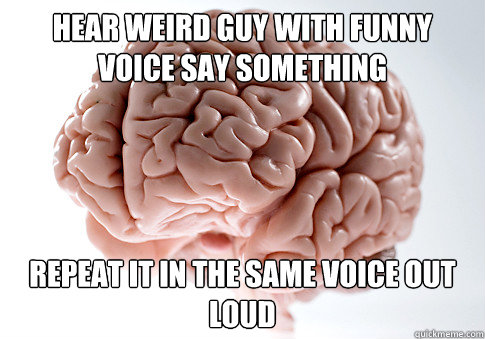 Hear weird guy with funny voice say something Repeat it in the same voice out loud  Scumbag Brain