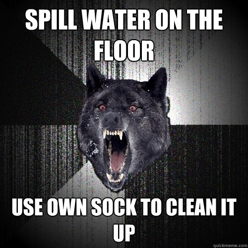 Spill water on the floor Use own sock to clean it up - Spill water on the floor Use own sock to clean it up  Insanity Wolf