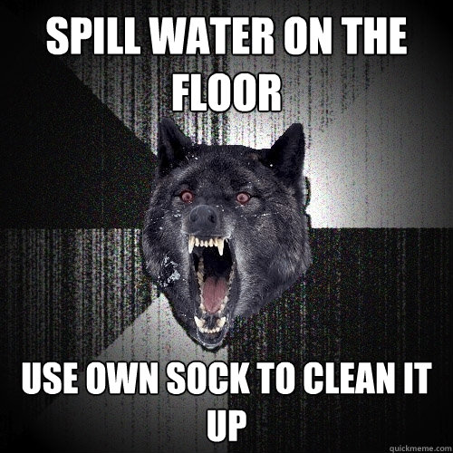 Spill water on the floor Use own sock to clean it up  Insanity Wolf