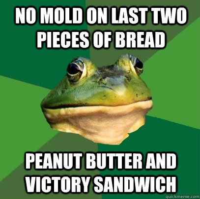 No mold on last two pieces of bread Peanut butter and victory sandwich  Foul Bachelor Frog