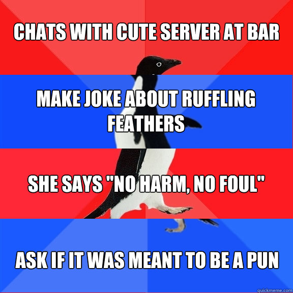 Chats with cute server at bar
 Make joke about ruffling feathers She says 