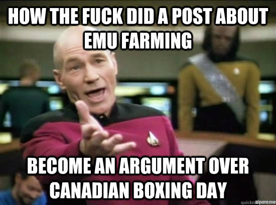 How the fuck did a post about emu farming Become an argument over Canadian Boxing Day  Annoyed Picard HD