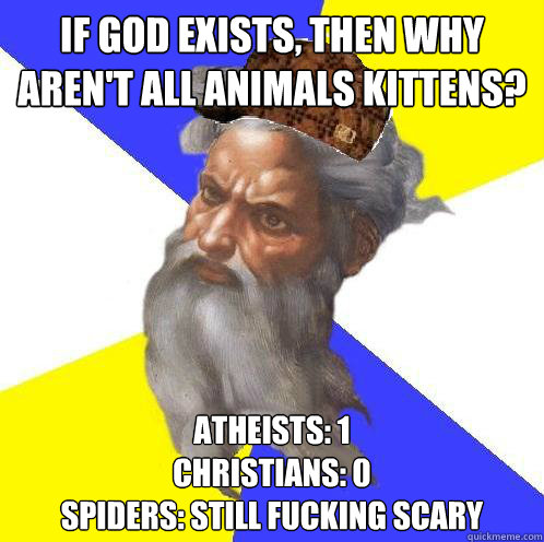 If God exists, then why aren't all animals kittens? Atheists: 1
Christians: 0
Spiders: Still fucking scary - If God exists, then why aren't all animals kittens? Atheists: 1
Christians: 0
Spiders: Still fucking scary  Scumbag Advice God