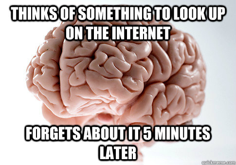 thinks of something to look up on the internet  forgets about it 5 minutes later - thinks of something to look up on the internet  forgets about it 5 minutes later  Scumbag Brain