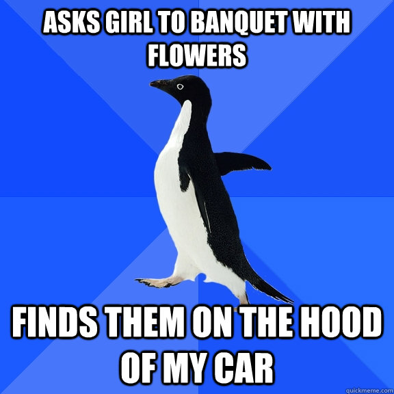 Asks girl to banquet with flowers finds them on the hood of my car  Socially Awkward Penguin