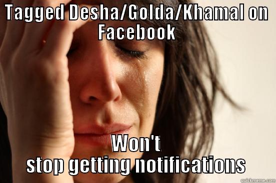 TAGGED DESHA/GOLDA/KHAMAL ON FACEBOOK WON'T STOP GETTING NOTIFICATIONS First World Problems
