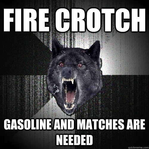 Fire Crotch Gasoline and Matches are needed  Insanity Wolf