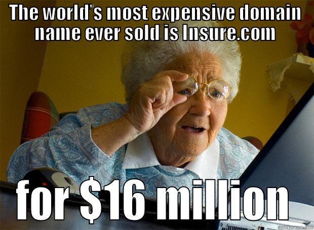 THE WORLD’S MOST EXPENSIVE DOMAIN NAME EVER SOLD IS INSURE.COM FOR $16 MILLION Grandma finds the Internet