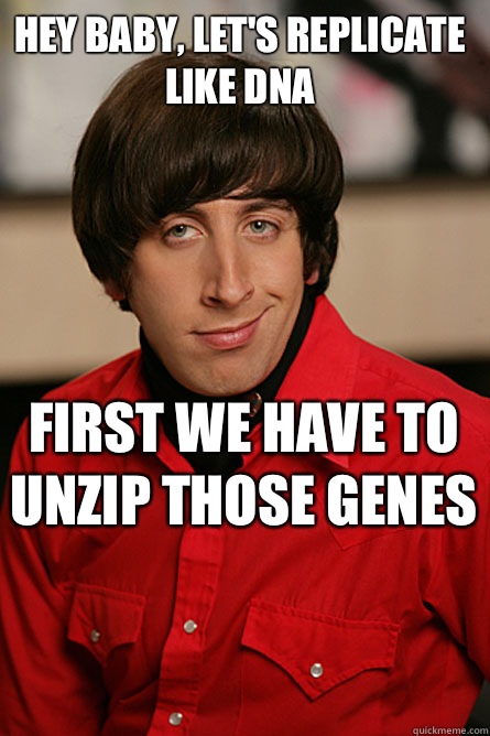 Hey baby, let's replicate like DNA  First we have to unzip those genes   Pickup Line Scientist