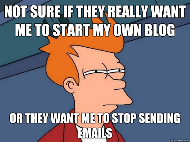 Not sure if they really want me to start my own blog Or they want me to stop sending emails  Futurama Fry