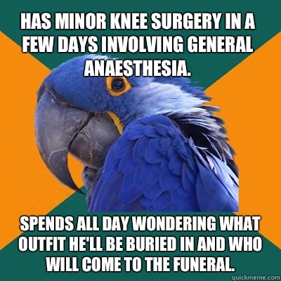Has minor knee surgery in a few days involving general anaesthesia. Spends all day wondering what outfit He'll be buried in and who will come to the funeral.  Paranoid Parrot