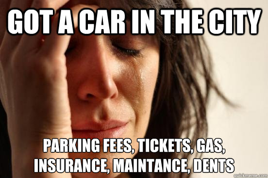 Got a car in the city Parking fees, tickets, gas, insurance, maintance, dents  First World Problems