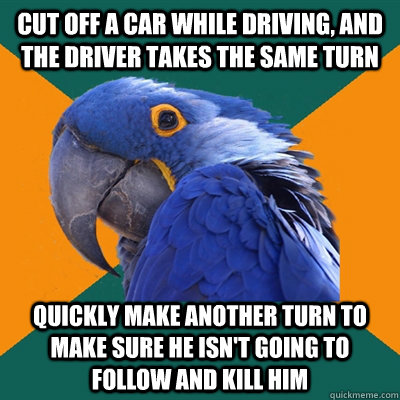 cut off a car while driving, and the driver takes the same turn quickly make another turn to make sure he isn't going to follow and kill him  Paranoid Parrot