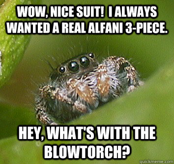 Wow, nice suit!  I always wanted a real alfani 3-piece. Hey, what's with the blowtorch?  Misunderstood Spider