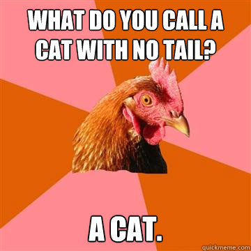 What do you call a cat with no tail? a cat.  Anti-Joke Chicken