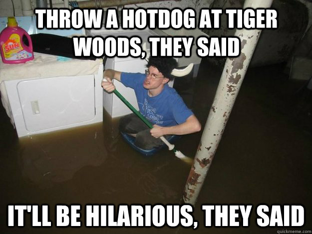 throw a hotdog at tiger woods, they said It'll be hilarious, they said  Do the laundry they said