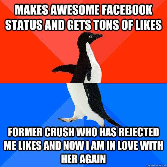 Makes awesome facebook status and gets tons of likes former crush who has rejected me likes and now I am in love with her again  Socially Awesome Awkward Penguin