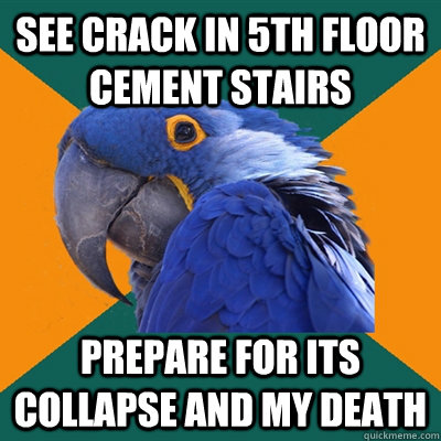 see crack in 5th floor cement stairs prepare for its collapse and my death  Paranoid Parrot
