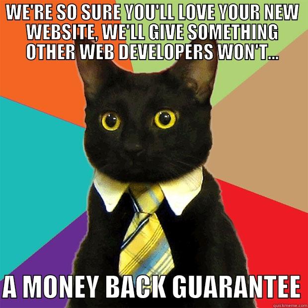 WE'RE SO SURE YOU'LL LOVE YOUR NEW WEBSITE, WE'LL GIVE SOMETHING OTHER WEB DEVELOPERS WON'T...  A MONEY BACK GUARANTEE Business Cat