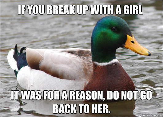 if you break up with a girl it was for a reason, do not go back to her.  Actual Advice Mallard