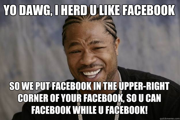 Yo dawg, i herd u like facebook so we put facebook in the upper-right corner of your facebook, so u can facebook while u facebook!  Xzibit meme
