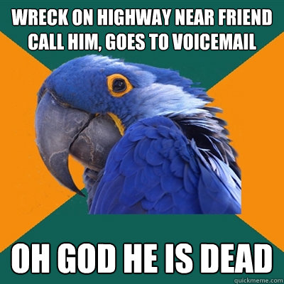 wreck on highway near friend
call him, goes to voicemail oh god he is dead  Paranoid Parrot