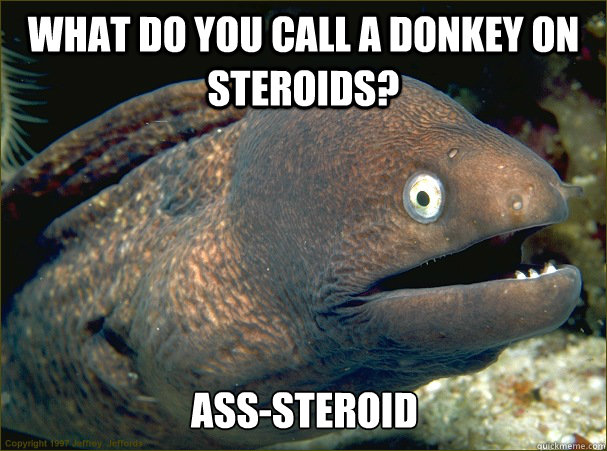 What do you call a donkey on steroids? Ass-steroid  Bad Joke Eel