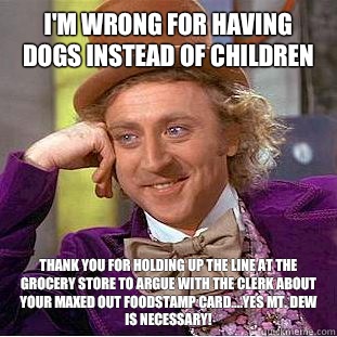 I'm wrong for having dogs instead of children Thank you for holding up the line at the grocery store to argue with the clerk about your maxed out foodstamp card....yes mt. dew is necessary!  Condescending Wonka