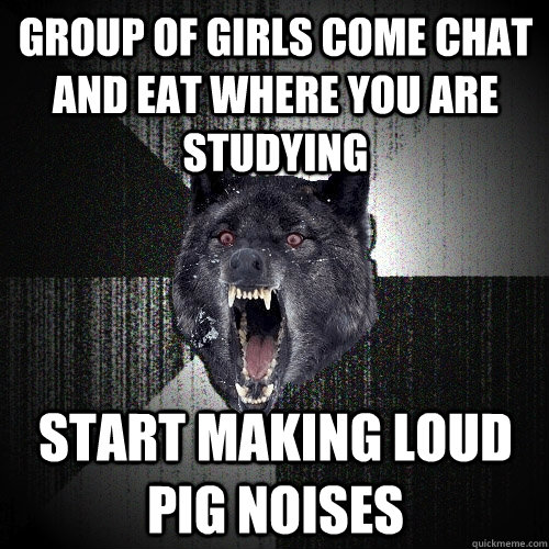 Group of girls come chat and eat where you are studying start making loud pig noises  Insanity Wolf