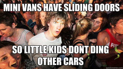 Mini Vans have sliding doors So little kids dont ding other cars  Sudden Clarity Clarence